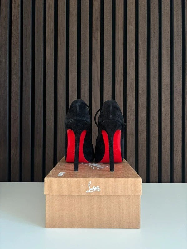 Christian Louboutin Mascaralta 100mm heel Black Suede, pre-owned authenticated UK, heel and sole detail Christian Louboutin Mascaralta Suede Ankle Strap Black (EU 36.5 / UK 3.5) - detail view