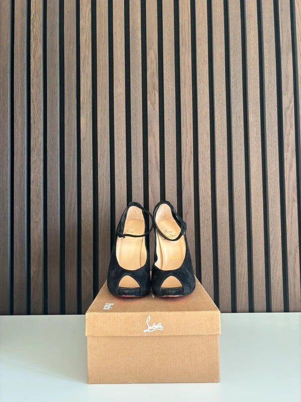Christian Louboutin Mascaralta 100mm heel Black Suede, pre-owned authenticated UK, side view Christian Louboutin Mascaralta Suede Ankle Strap Black (EU 36.5 / UK 3.5) - alternate angle