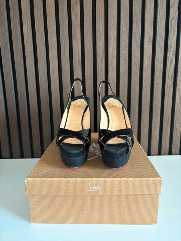 Christian Louboutin Mrs Propre 140mm heel Black Leather, pre-owned authenticated UK, heel and sole detail Christian Louboutin Mrs Propre 140 Black Sandals (EU 37 / UK 4) - detail view