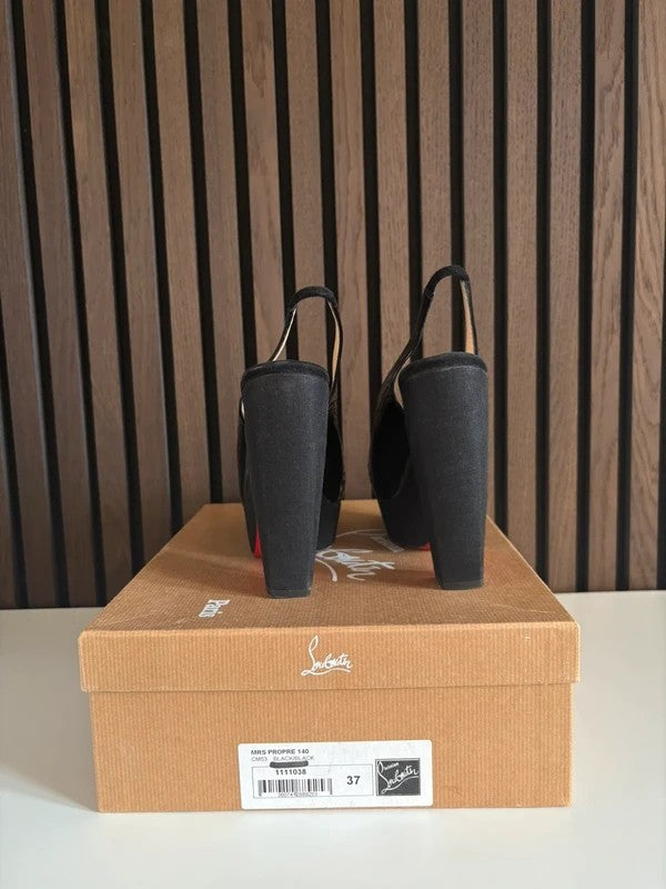 Christian Louboutin Mrs Propre 140mm heel Black Leather, pre-owned authenticated UK, interior view Christian Louboutin Mrs Propre 140 Black Sandals (EU 37 / UK 4) - red sole detail