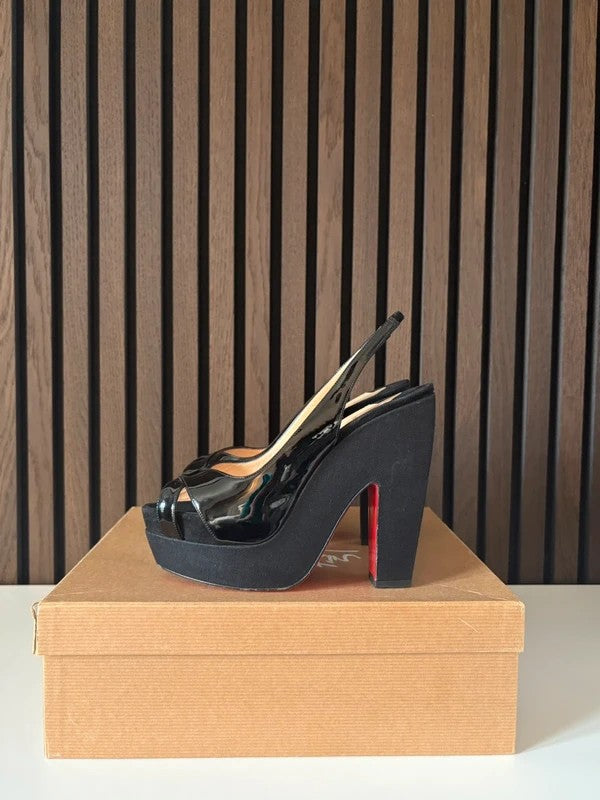 Christian Louboutin Mrs Propre 140mm heel Black Leather, pre-owned authenticated UK, side view Christian Louboutin Mrs Propre 140 Black Sandals (EU 37 / UK 4) - alternate angle