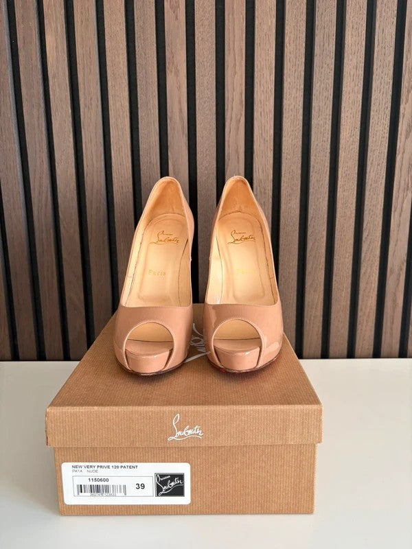Christian Louboutin New Very Prive 120mm heel Apricot Leather, pre-owned authenticated UK, side view Christian Louboutin New Very Prive 120 Nude Platform Heels (EU 39 / UK 6) - alternate angle