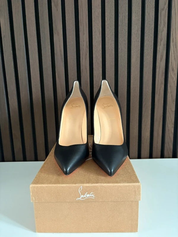 Christian Louboutin Pigalle 100mm heel Black Leather, pre-owned authenticated UK, close-up detail Christian Louboutin Pigalle 100 Nappa Leather Black (EU 41 / UK 8) - heel and construction