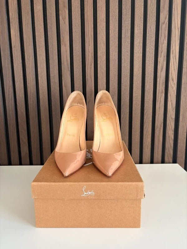 Christian Louboutin Pigalle 120mm heel Beige Patent Leather, pre-owned authenticated UK, side view Christian Louboutin Pigalle 120 Nude Patent Leather Heels (EU 37 / UK 4) - alternate angle