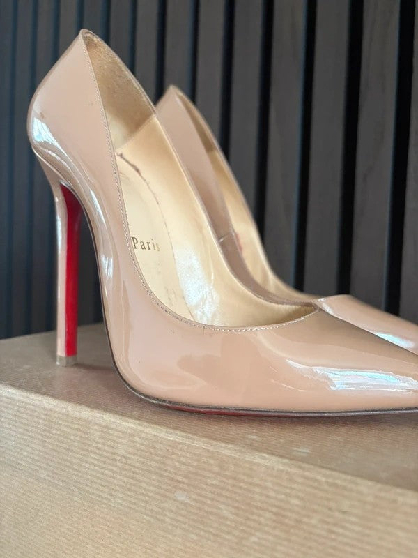 Christian Louboutin Pigalle 120mm heel Apricot Patent Leather, pre-owned authenticated UK, close-up detail Christian Louboutin Pigalle 120 Patent Leather Nude Heels (EU 37 / UK 4) - heel and construction