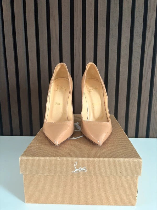 Christian Louboutin Pigalle 120mm heel Apricot Patent Leather, pre-owned authenticated UK, heel and sole detail Christian Louboutin Pigalle 120 Patent Leather Nude Heels (EU 37 / UK 4) - detail view