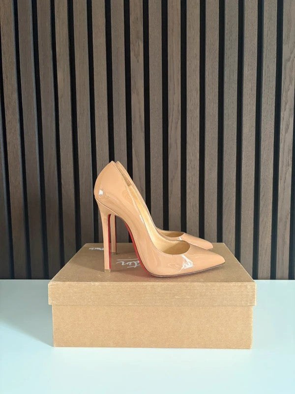 Christian Louboutin Pigalle 120mm heel Apricot Patent Leather, pre-owned authenticated UK, side view Christian Louboutin Pigalle 120 Patent Leather Nude Heels (EU 37 / UK 4) - alternate angle