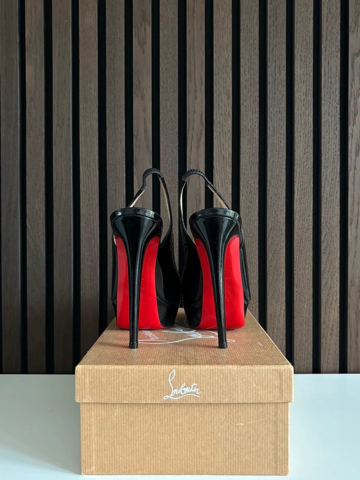 Christian Louboutin Private Number 120 Patent Leather Black - Heel Detail Christian Louboutin Private Number 120 Patent Leather Black Heels (EU 37.5 / UK 4.5) - detail view