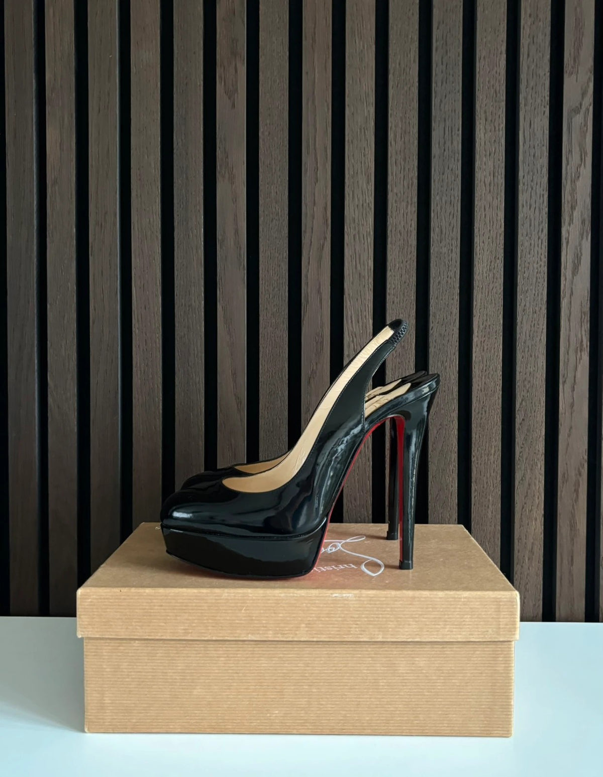 Christian Louboutin Private Number 120 Patent Leather Black - Front View Christian Louboutin Private Number 120 Patent Leather Black Heels (EU 37.5 / UK 4.5) - main product view