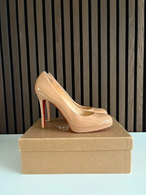 Christian Louboutin Simple 120mm heel Apricot Patent Leather, pre-owned authenticated UK, heel and sole detail Christian Louboutin Simple Pump 120 Patent Leather Heels EU 39.5 - detail view