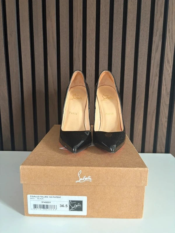 Christian Louboutin So Kate 120mm heel Black Patent Leather, pre-owned authenticated UK, side view Christian Louboutin So Kate 120 Patent leather Heels (EU 36.5 / UK 3.5) - alternate angle