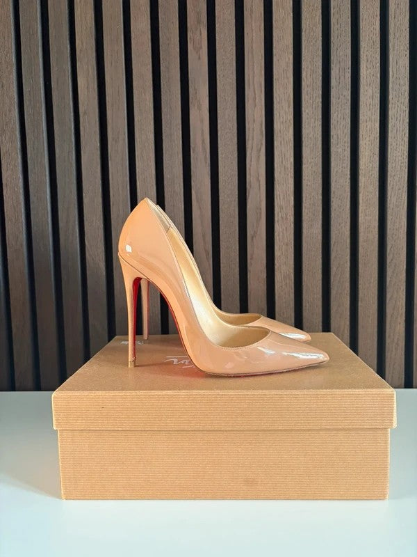 Christian Louboutin So Kate 120mm heel Apricot Patent Leather, pre-owned authenticated UK, heel and sole detail Christian Louboutin So Kate 120 Patent Leather Nude Heels (EU 36.5 / UK 3.5) - detail view