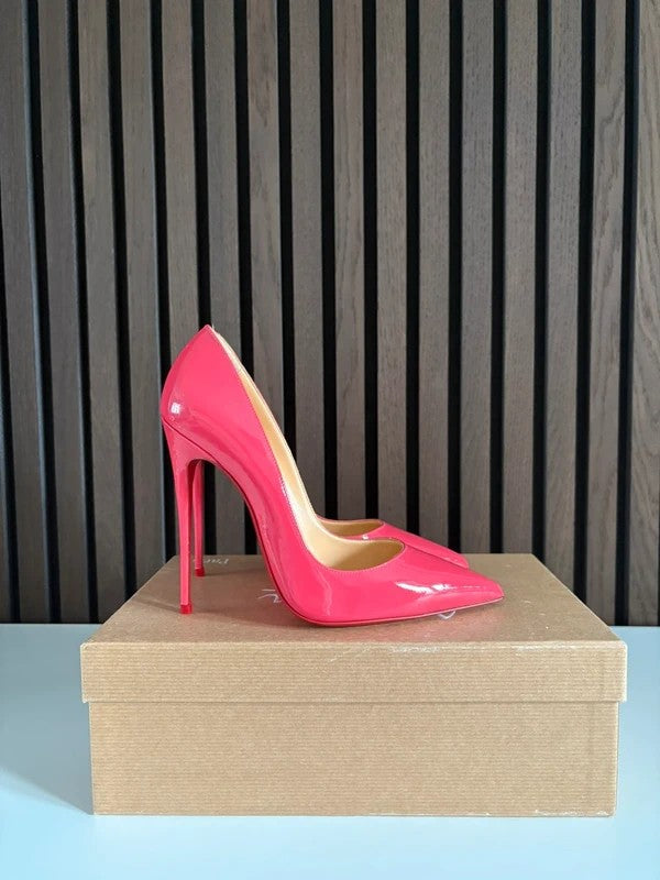 Christian Louboutin So Kate 120mm heel Pink Patent Leather, pre-owned authenticated UK, side view Christian Louboutin So Kate 120 Pink Patent Leather Heels (EU 37 / UK 4) - alternate angle