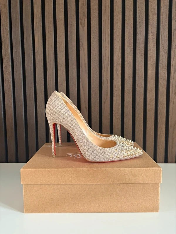 Christian Louboutin Spikyshell 100mm heel White Leather, pre-owned authenticated UK, heel and sole detail Christian Louboutin Spikyshell 100 Quadro Lurex Heels (EU 37.5 / UK 4.5) - detail view