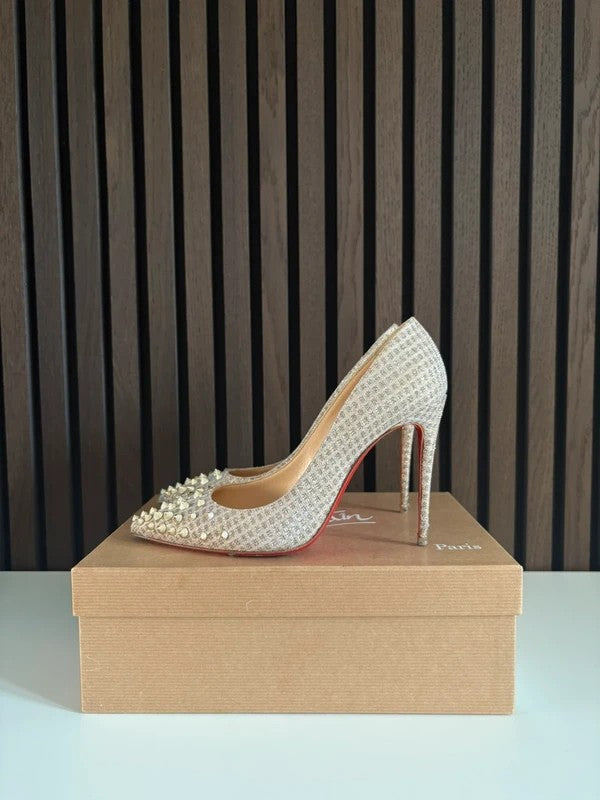 Christian Louboutin Spikyshell 100mm heel White Leather, pre-owned authenticated UK Christian Louboutin Spikyshell 100 Quadro Lurex Heels (EU 37.5 / UK 4.5) - main product view