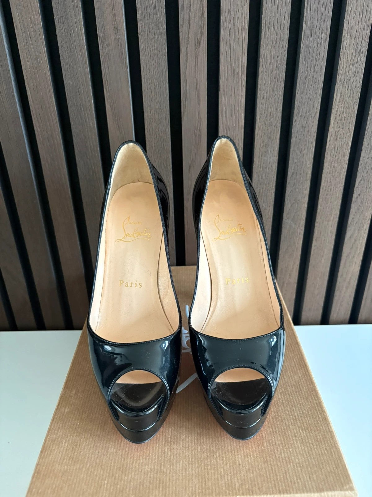 Christian Louboutin Very Prive 120 Patent Leather Black - Side Profile Christian Louboutin Very Prive 120 Patent Leather Black Heels (EU 36 / UK 3) - alternate angle
