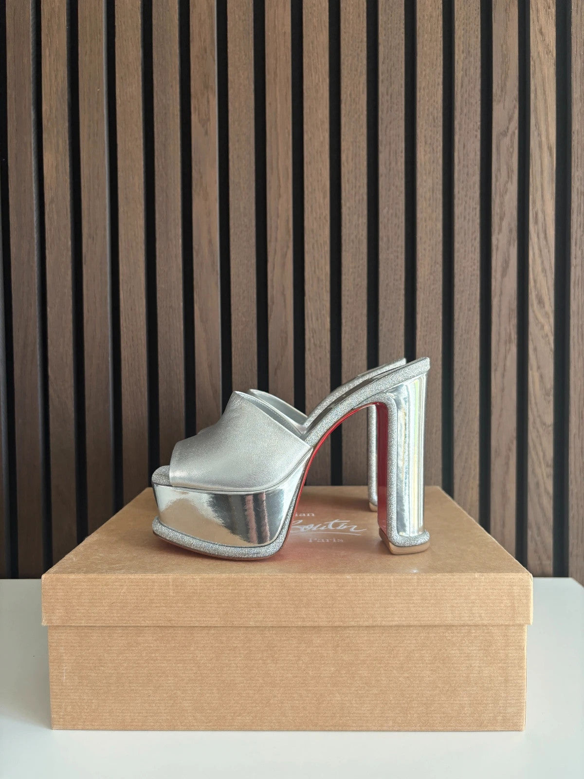Christian Louboutin Amali Alta Silver Christian Louboutin Amali Alta 130 Mule Platform Heels - main product view