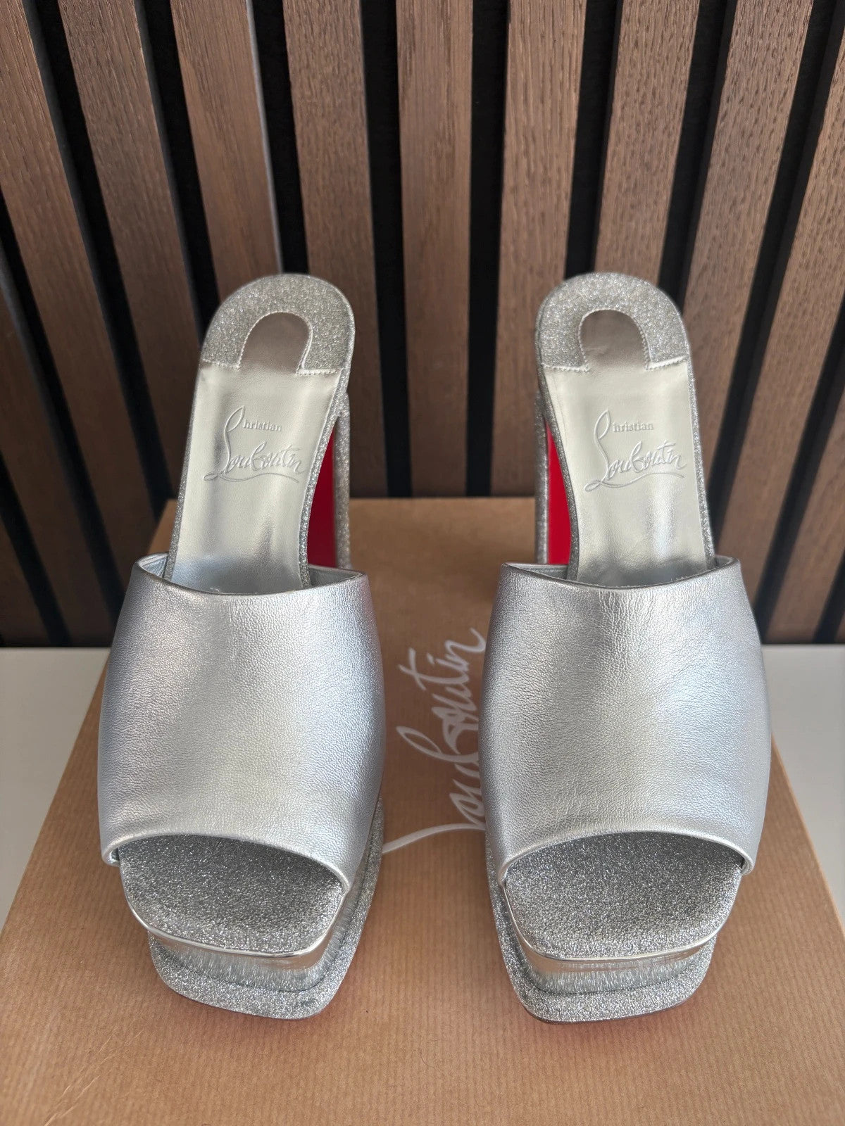 Christian Louboutin Amali Alta Silver (image 3) Christian Louboutin Amali Alta 130 Mule Platform Heels - detail view