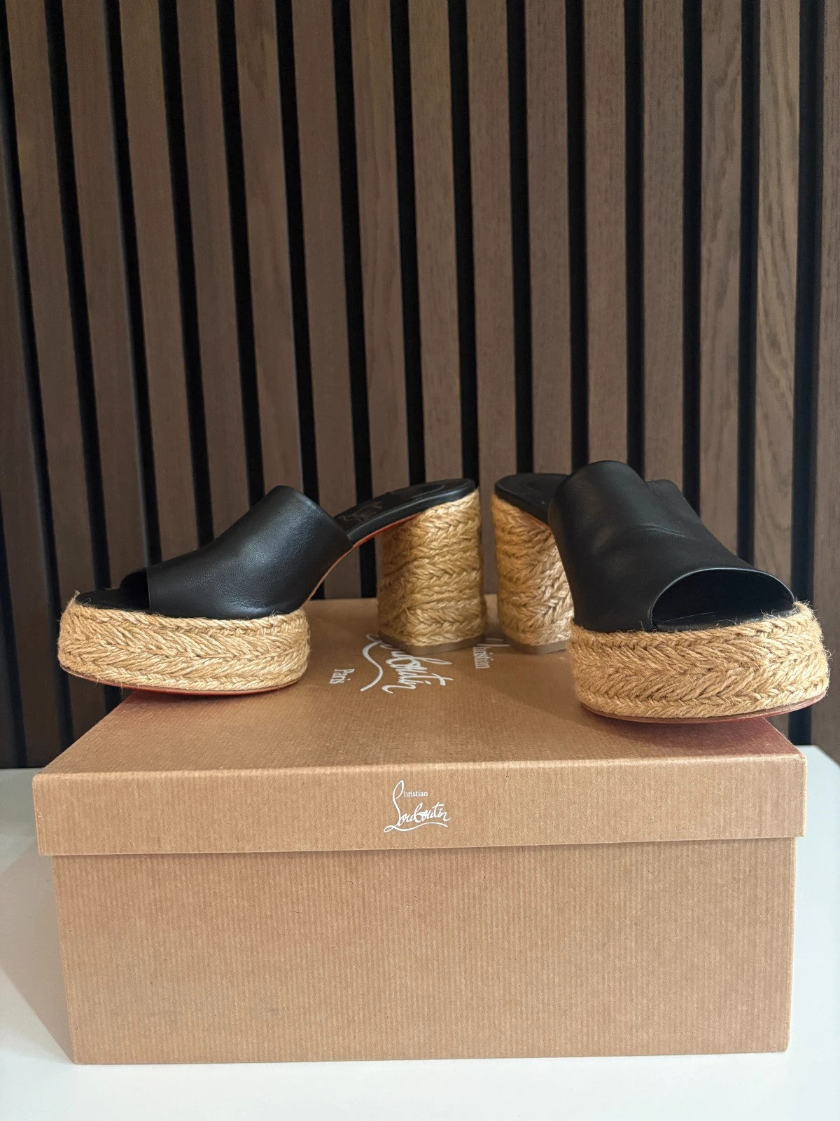 Christian Louboutin Calakala Black (image 5) Christian Louboutin Calakala 85 Mules Black Leather Espadrille Platform Heels - heel and construction