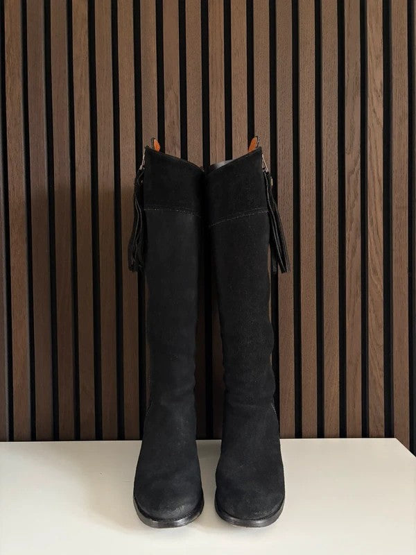 Fairfax & Favor Regina Knee High 100mm heel Black Suede, pre-owned authenticated UK, heel and sole detail Fairfax & Favor Regina Knee High Boots Black Suede (EU 40 / UK 7) - detail view