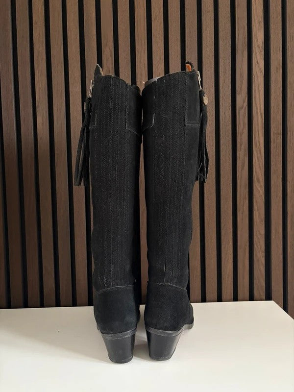Fairfax & Favor Regina Knee High 100mm heel Black Suede, pre-owned authenticated UK, interior view Fairfax & Favor Regina Knee High Boots Black Suede (EU 40 / UK 7) - red sole detail