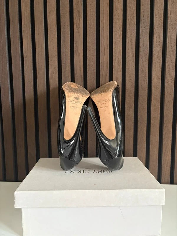Jimmy Choo 100mm heel Black Patent Leather, pre-owned authenticated UK, interior view Jimmy Choo Love 100 Patent Leather Black Heels (EU 41 / UK 8) - red sole detail