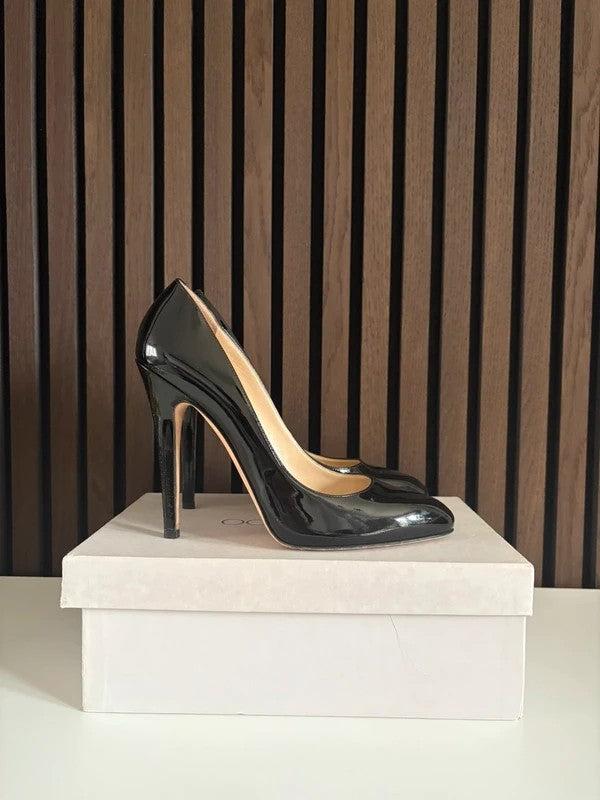 Jimmy Choo 100mm heel Black Patent Leather, pre-owned authenticated UK, side view Jimmy Choo Love 100 Patent Leather Black Heels (EU 41 / UK 8) - alternate angle