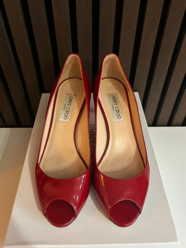Jimmy Choo 100mm heel Red Leather, pre-owned authenticated UK, close-up detail Jimmy Choo Peep Toe Heels Red (EU 38.5 / UK 5.5) - heel and construction