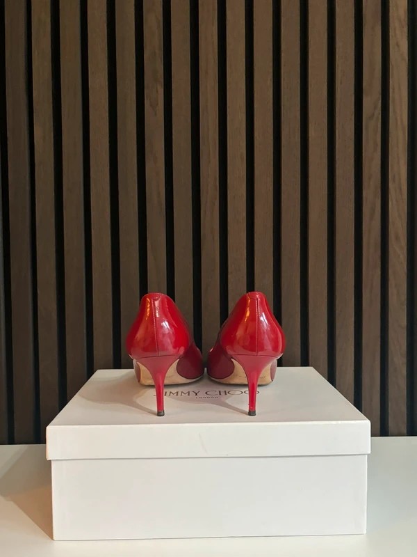 Jimmy Choo 100mm heel Red Leather, pre-owned authenticated UK, heel and sole detail Jimmy Choo Peep Toe Heels Red (EU 38.5 / UK 5.5) - detail view