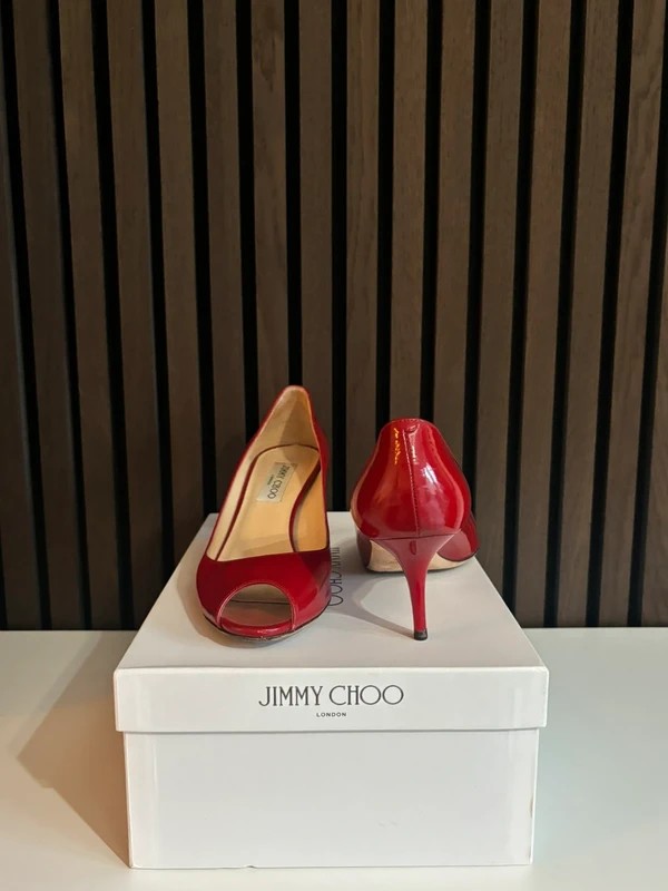 Jimmy Choo 100mm heel Red Leather, pre-owned authenticated UK, side view Jimmy Choo Peep Toe Heels Red (EU 38.5 / UK 5.5) - alternate angle