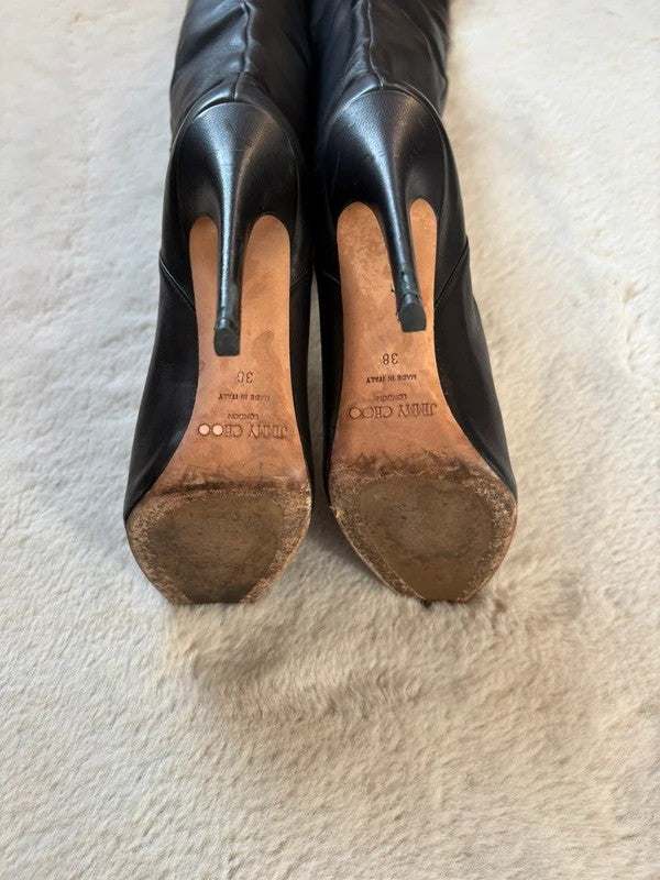 Jimmy Choo Hayley 100mm heel Black Leather, pre-owned authenticated UK, close-up detail Jimmy Choo Hayley 100 Leather Over the knee boots black (EU 38 / UK 5) - heel and construction