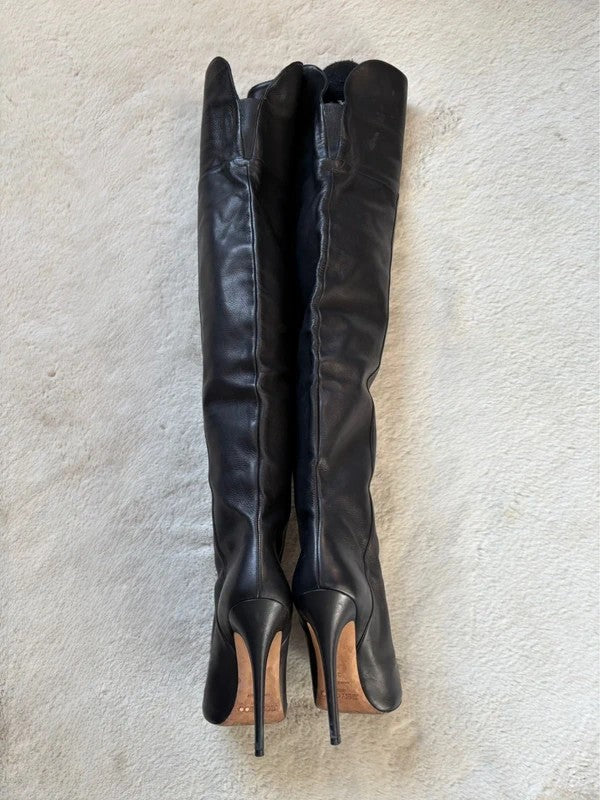 Jimmy Choo Hayley 100mm heel Black Leather, pre-owned authenticated UK, interior view Jimmy Choo Hayley 100 Leather Over the knee boots black (EU 38 / UK 5) - red sole detail
