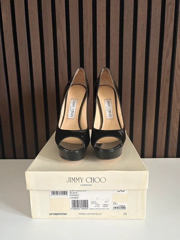 Jimmy Choo Vibe 150mm heel Black Patent Leather, pre-owned authenticated UK, close-up detail Jimmy Choo Vibe 150 Patent Leather Peep Toe Platform Heels Black (EU 38 / UK 5) - heel and construction
