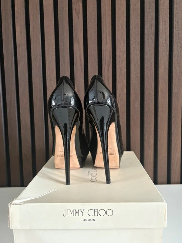 Jimmy Choo Vibe 150mm heel Black Patent Leather, pre-owned authenticated UK, heel and sole detail Jimmy Choo Vibe 150 Patent Leather Peep Toe Platform Heels Black (EU 38 / UK 5) - detail view