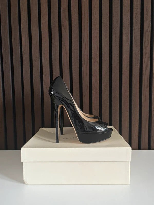 Jimmy Choo Vibe 150 Patent Leather Peep Toe Platform Heels Black (EU 38 / UK 5) - Detail