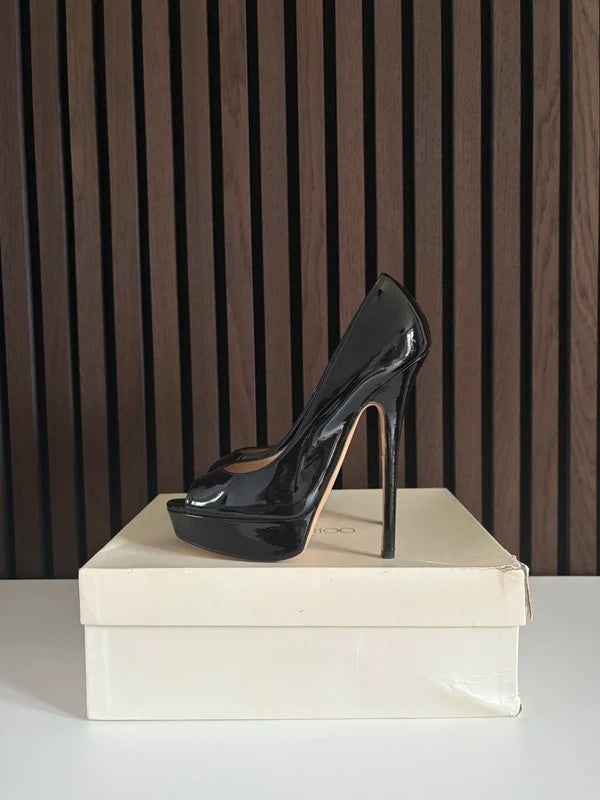 Jimmy Choo Vibe 150mm heel Black Patent Leather, pre-owned authenticated UK Jimmy Choo Vibe 150 Patent Leather Peep Toe Platform Heels Black (EU 38 / UK 5) - main product view