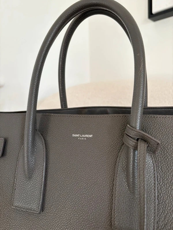 Saint Laurent Sac De Jour Grey bag, pre-owned authenticated UK, side view Saint Laurent Sac De Jour Grey Bag Pebbled Calfskin Large - alternate angle
